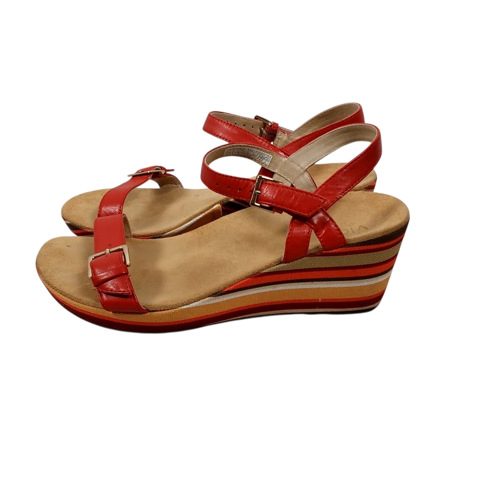 Vionic Enisa Striped Leather Strap Wedges Sandals